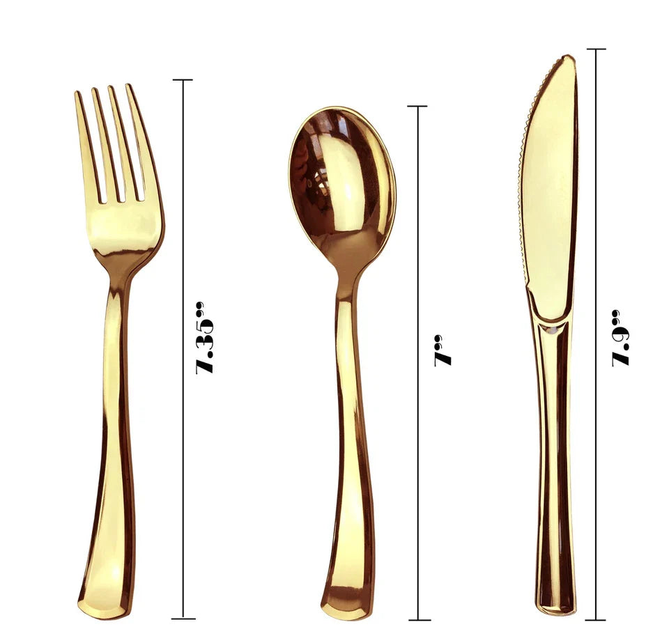 75 Piece Gold Plastic Silverware, Reusable Set, Forks, Spoons, Knives, 25 Each