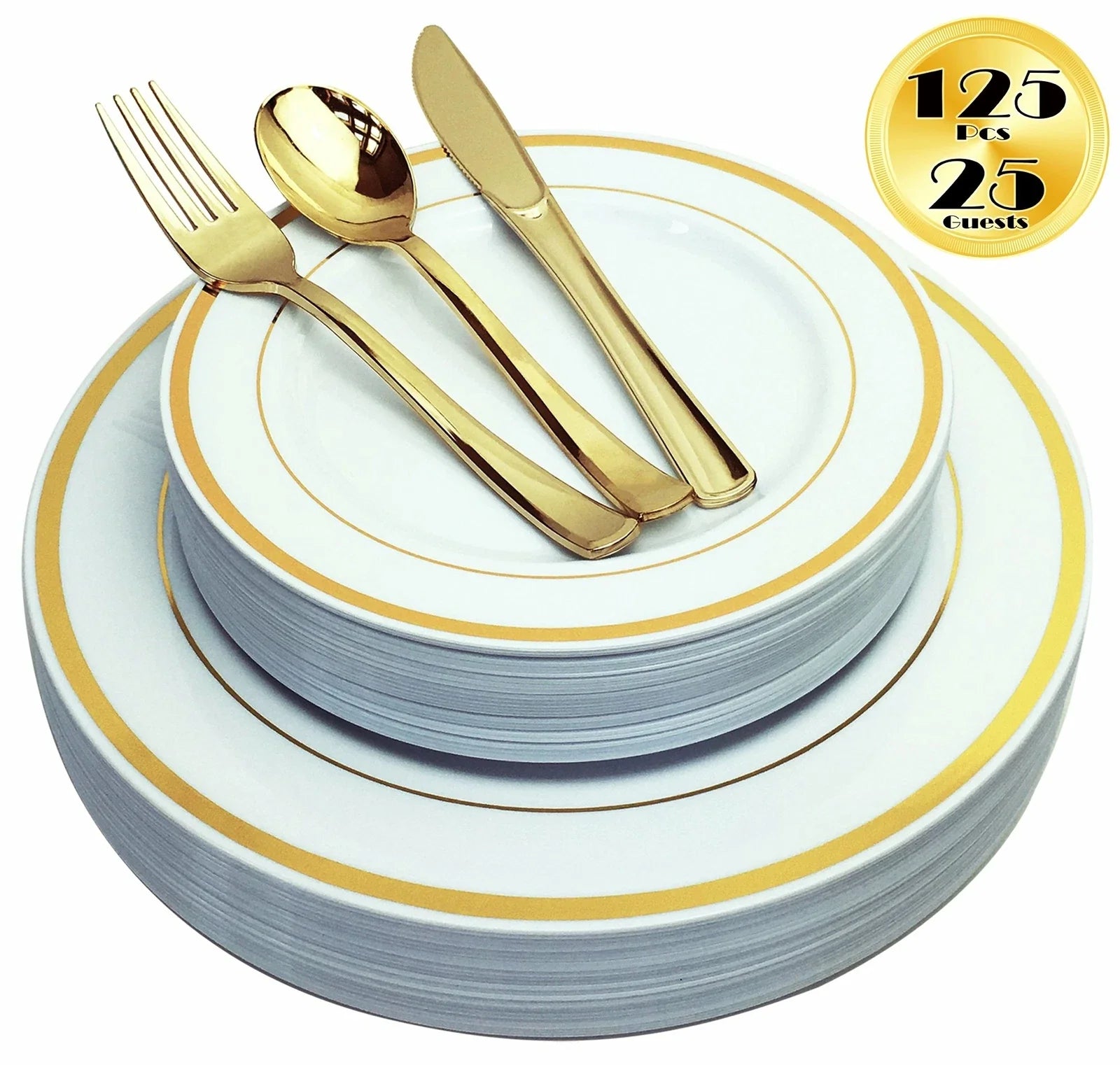 125 Piece Gold Plastic Plates & Cutlery Set - Elegant Party Plates & Utensils