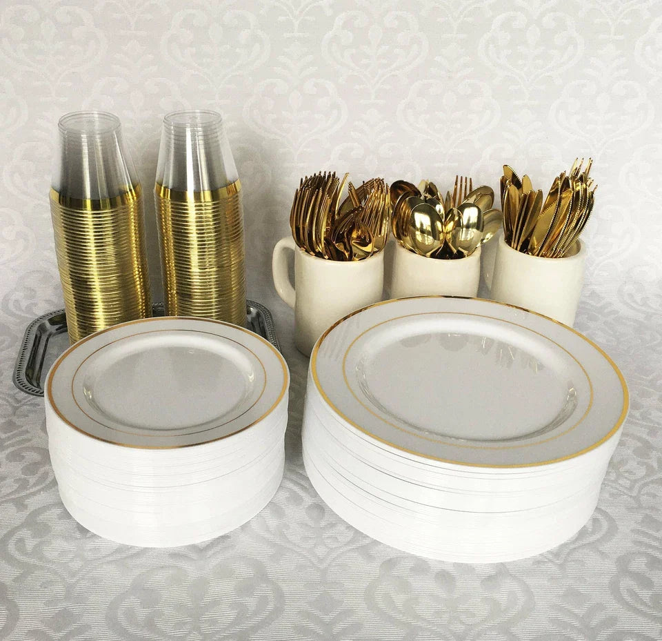 125 Piece Gold Plastic Plates & Cutlery Set - Elegant Party Plates & Utensils