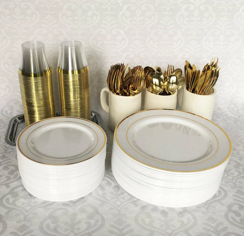 125 Piece Gold Plastic Plates & Cutlery Set - Elegant Party Plates & Utensils