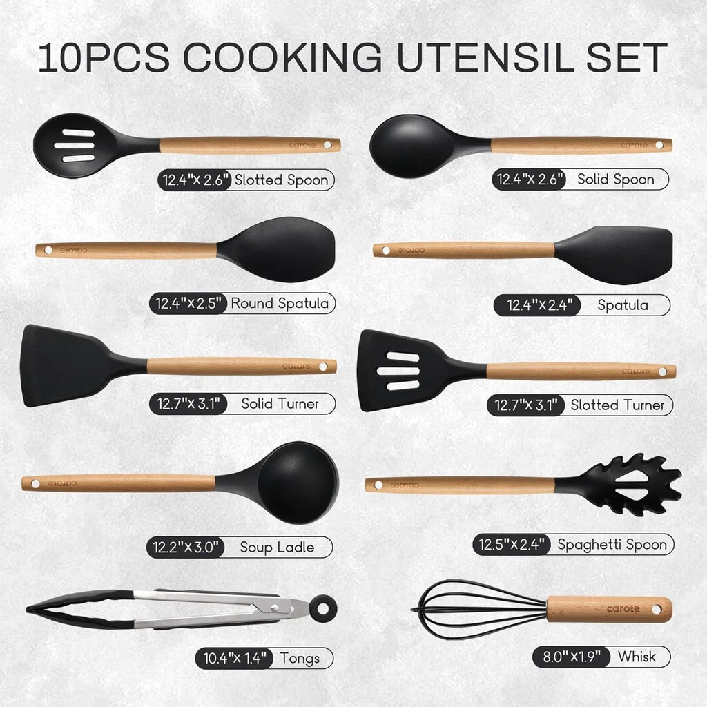Silicone Cooking Utensil Set, 10 Pcs - Black/Wood